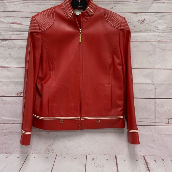 VTG St. John Sport by Marie Grey Women’s Small Red Leather Zip Up Jacket Moto